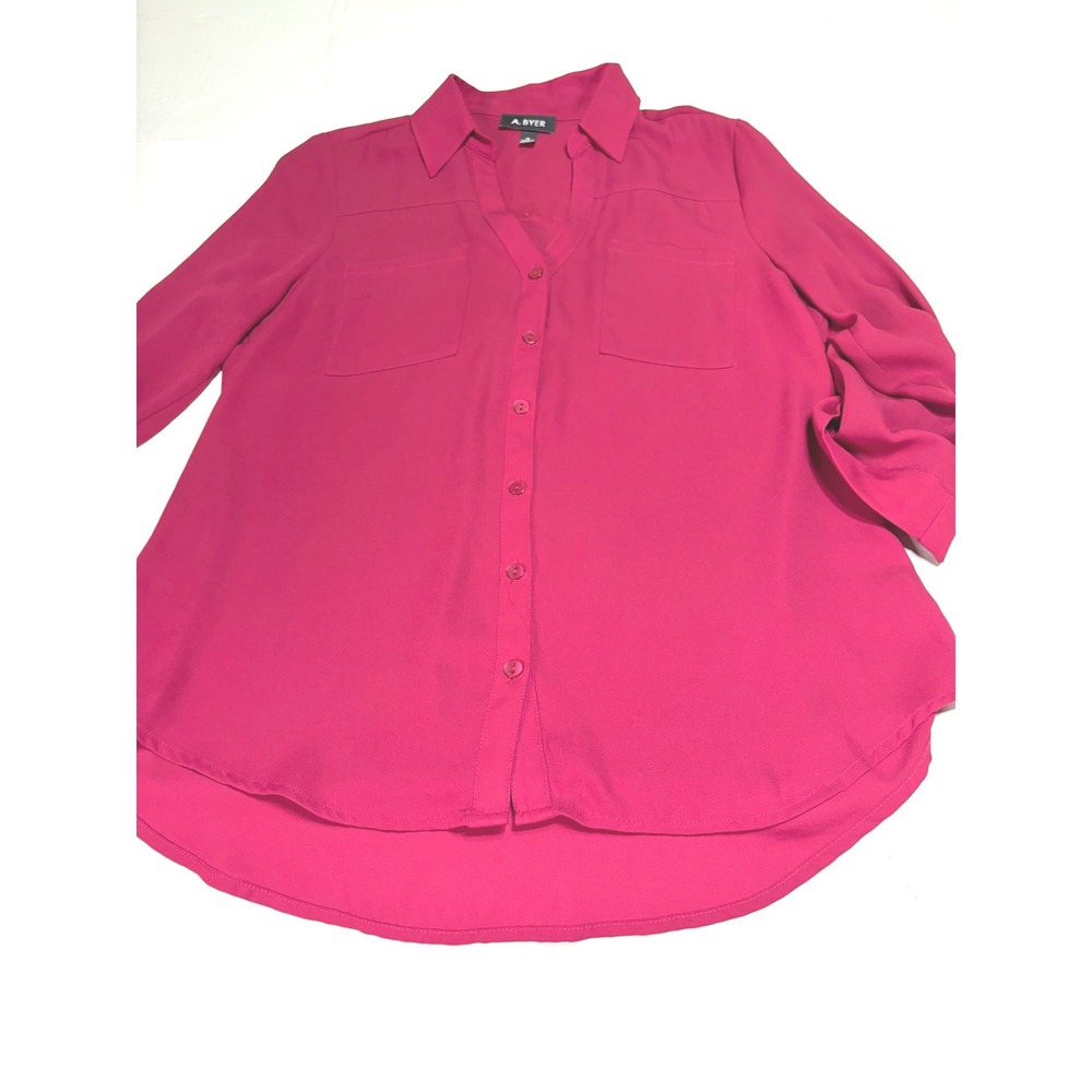 A. Byer Magenta Pink Button Down Blouse Medium Long Sleeve High Low Top